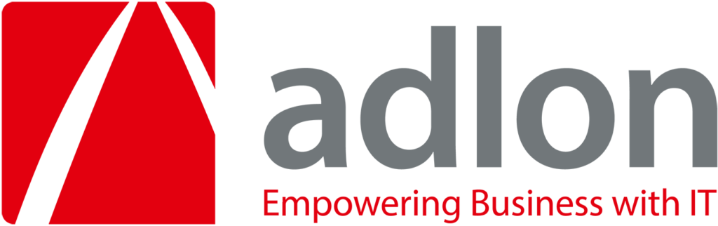 Logo der Unterstützer: Rotes Logo der Firma Adlon - Empowering Business with IT